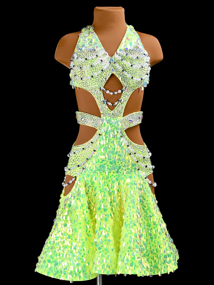 ET светло-лаймово-зеленые костюмы для латинских танцев с открытой спиной, платье для соревнований, танцевальное спортивное платье со стразами и блестками, драпированная юбка с рюшами ET светло-лаймово-зеленые костюмы для латинских танцев с открытой спиной, платье для соревнований, танцевальное спортивное платье со стразами и блестками, драпированная юбка с рюшами