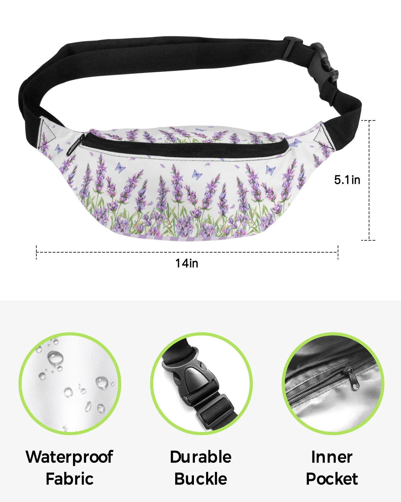 Lavender Flower Butterfly Purple Plaid Men Women Waist Bag Fanny Pack Phone Belt Bag Wallet Pouch Waterproof Banana Hip Bags