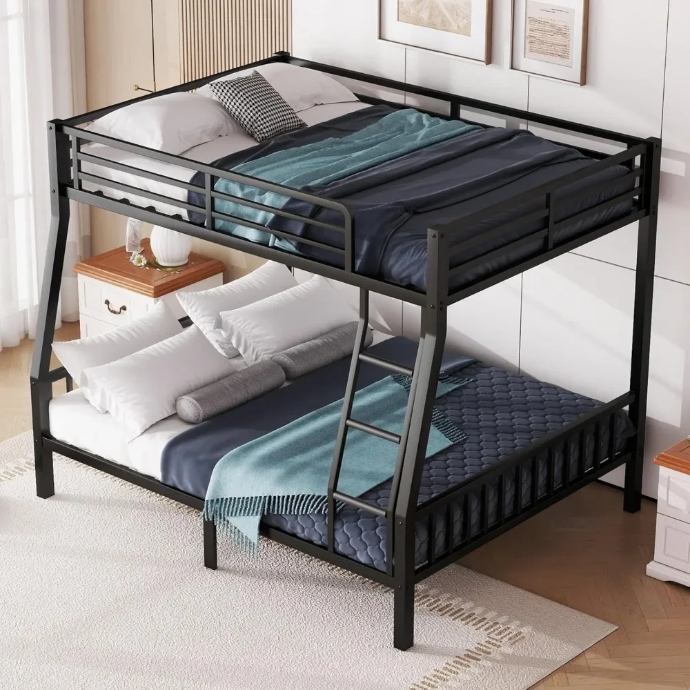 Queen Bunk Beds for Adults, Heavy-Duty Metal Bunk Bed Frame with PVC Rubber Cover Ladders and Full-Length Guardrails for Kids