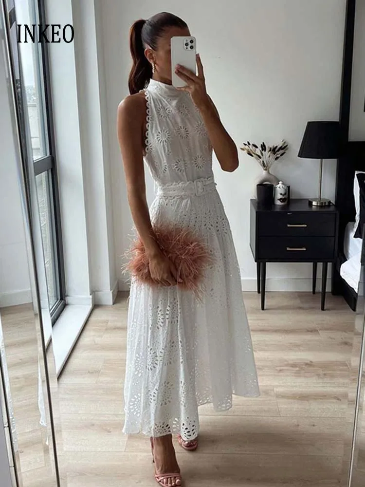 Luxury Women lace Sleeveless dress White Elegant Embroidered long shirt dress Sexy Beach Clothing Ladies Summer 2023 INKEO 3D045