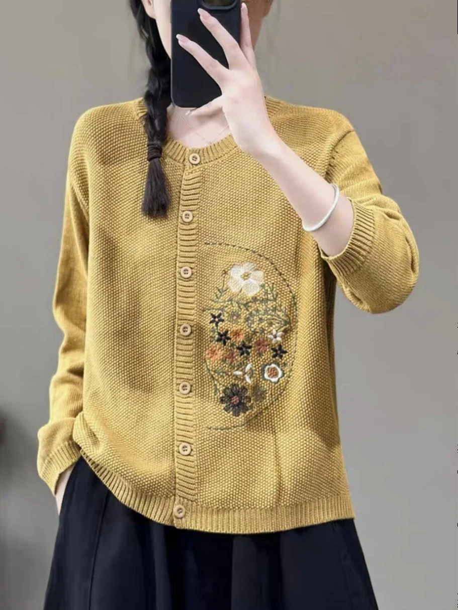 Cárdigan de punto redondo Ne holgado para mujer, ropa de abrigo de mezcla de lana con efecto adelgazante bordado, para principios de otoño