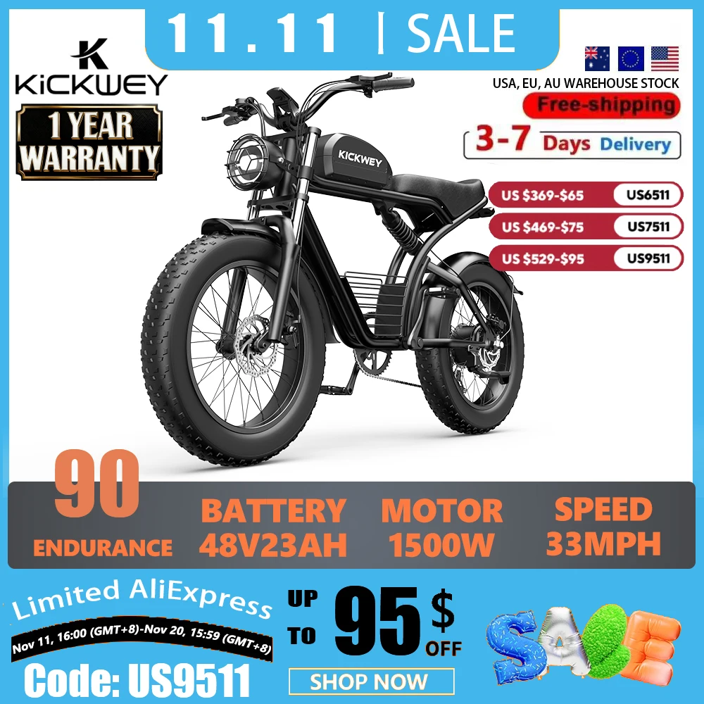 

Kickwey K7 Adult Electric Bicycle 1500w 48V 23ah Mountain Electric Bike 20 Inch Fat Tire Outdoor Entertainment Off Road E Bike