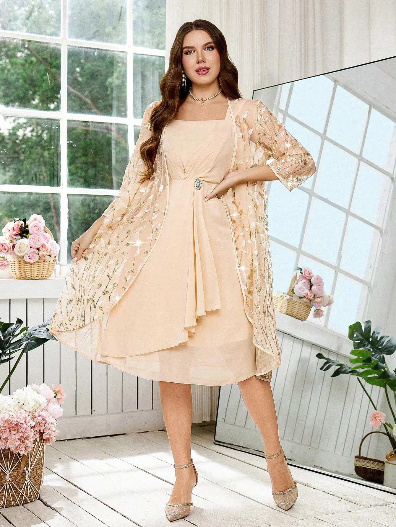 

Elegant Plus Size 2 Piece Set Chiffon Dress With Sequin Mesh Robe For Party Wedding Guest