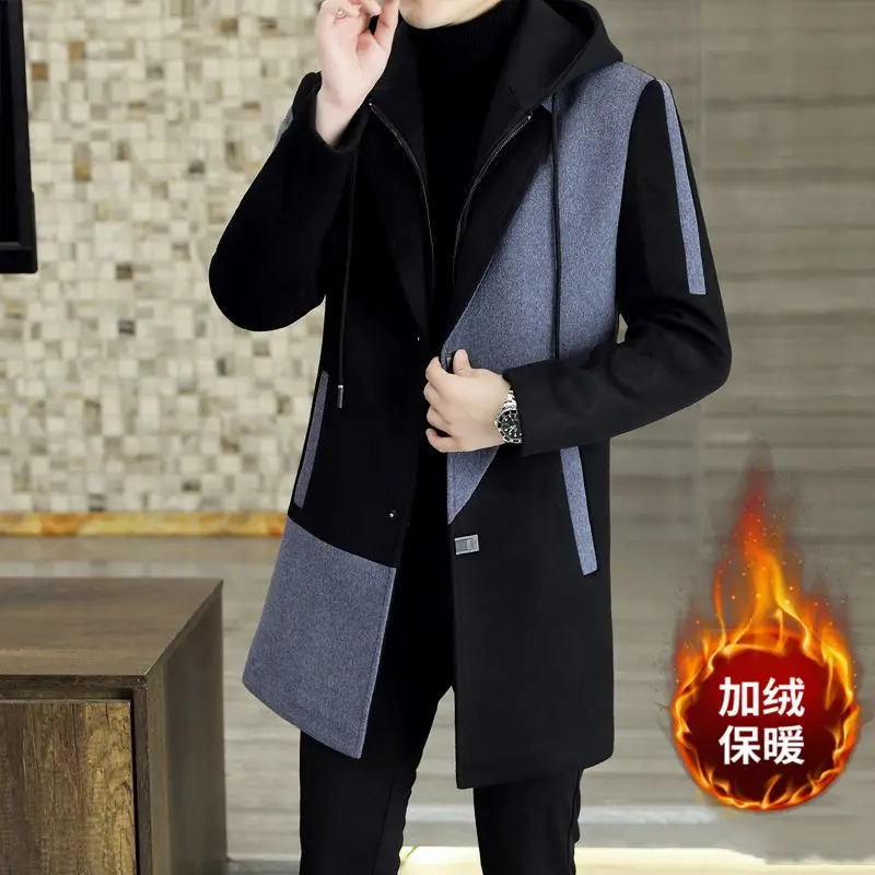 Winter New Hooded Long Sleeve Fashion Woolen Coat Man High Street Casual Contrast Color Patchwork Cardigan All-match Thick Top