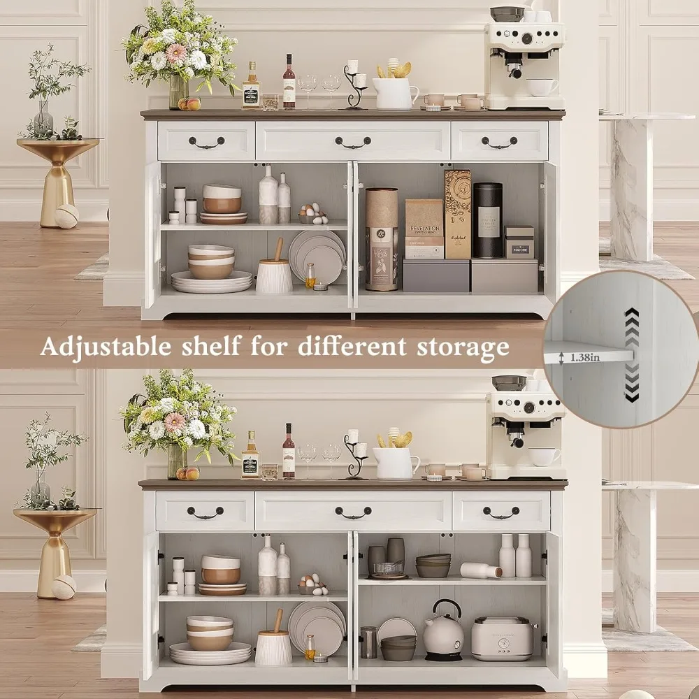Aparador grande estilo fazenda com 3 gavetas e armazenamento para buffet de cozinha e bar de café