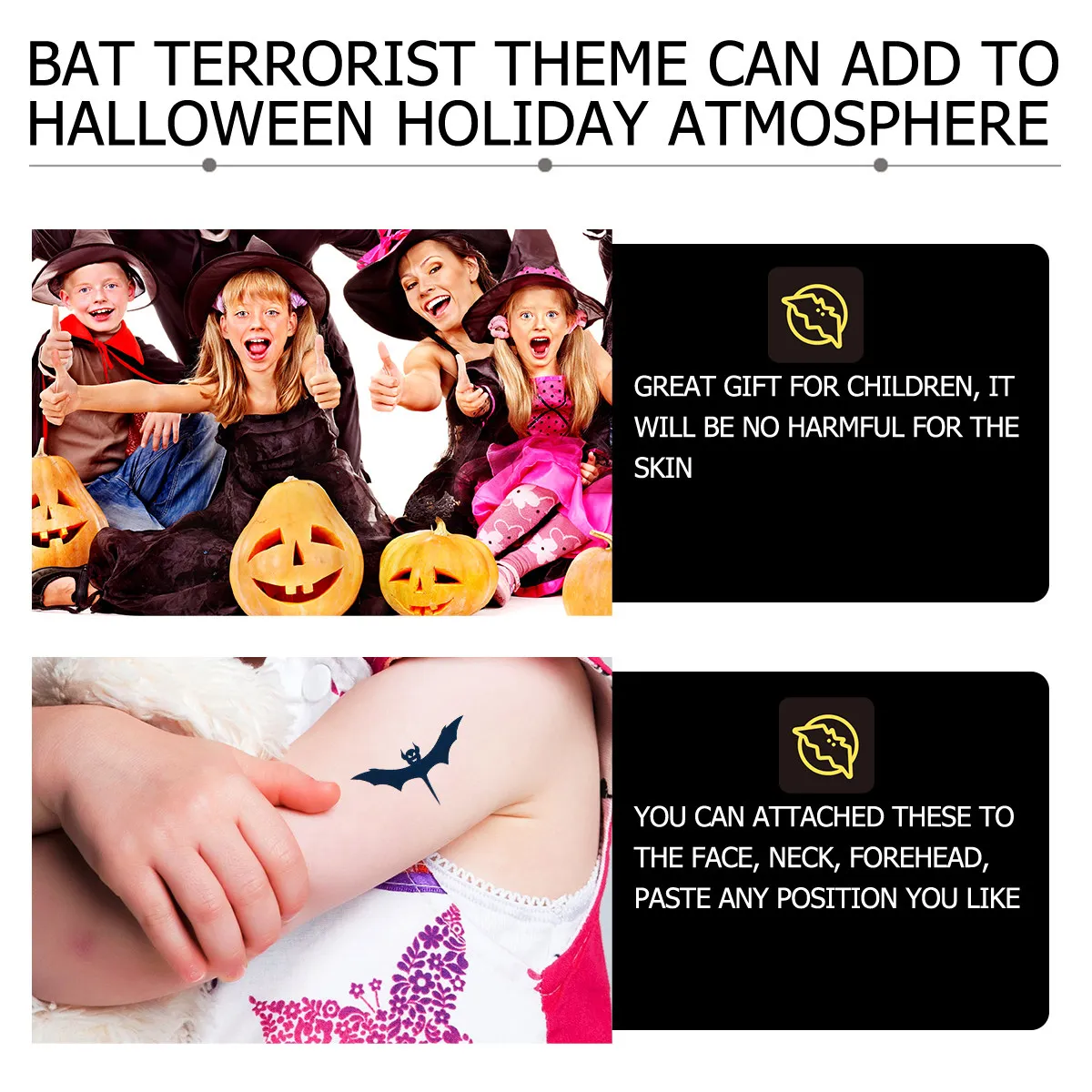 

30 шт. водонепроницаемых временных татуировок для взрослых на Хэллоуин: наклейки с узорами летучих мышей для лица и тела, имитирующие шрамы