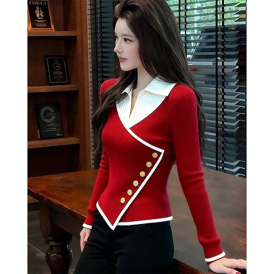 2026 Autumn Winter New Beautiful Pullover Sweater Women's Outer Wear Fashion Slim Stitching Wear Red Fake Two-Piece Knitwear Top
