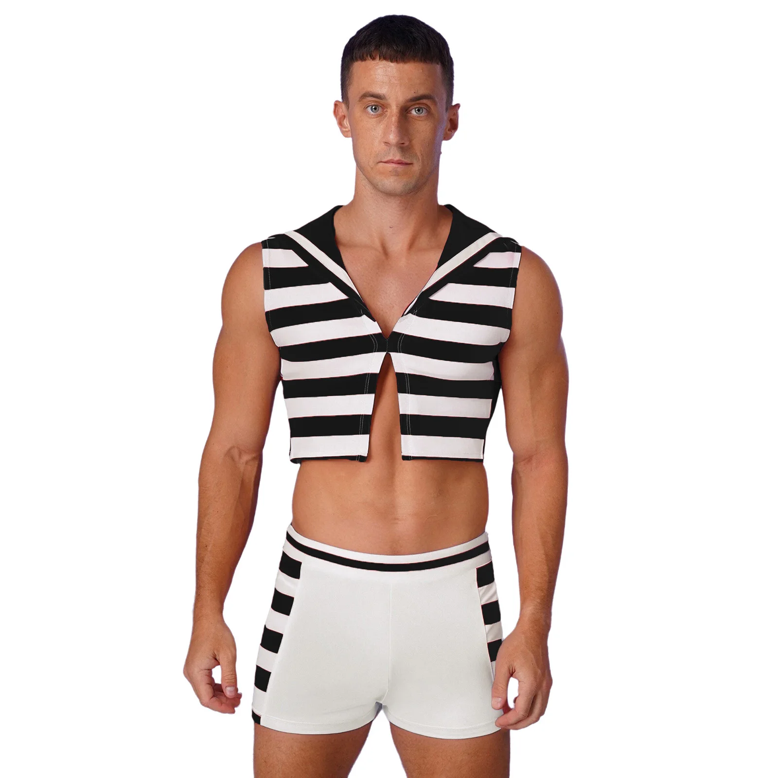 

Men's Nautical Sailor Cosplay Striped Outfits V Neck Sleeveless Tank Top with Boxer Shorts 2-piece Suit for Halloween Masquerade