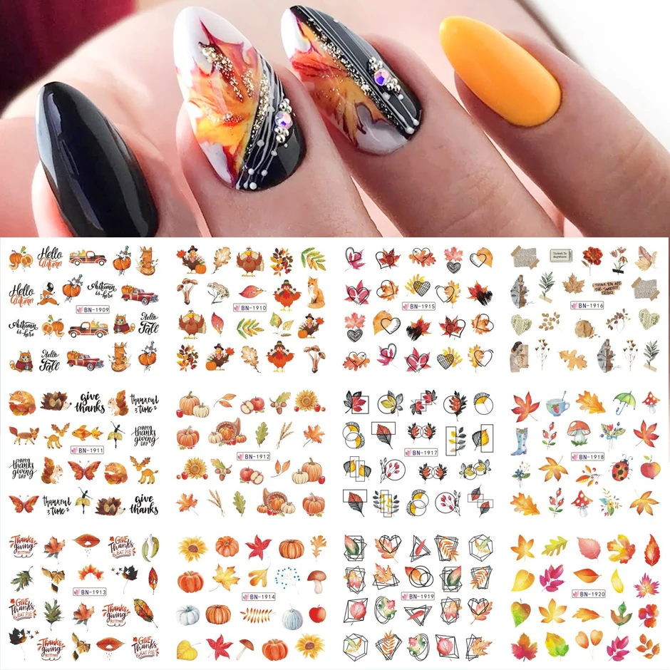 12patterns Autumn Thanksgiving Nail Transfer Sticker Maple Leaf Flower Water Decals Squirrel Fox Nail Art Slider Decal Decor