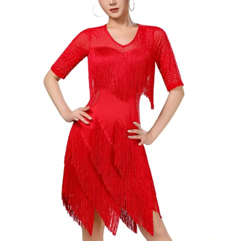 

31BF Элегантное черное платье для выступлений с 70% пайеток и гибкой бахромой