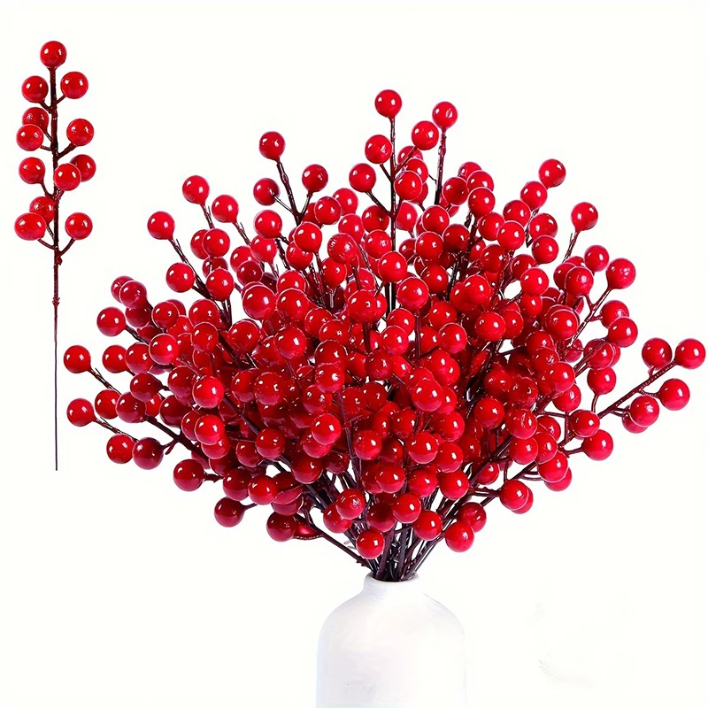 5/10/20Pcs Chritsmas Decoration Red Berry Branches Cherry Stamen For Home Decor Xmas New Year Gift Wedding Flowers Accessory