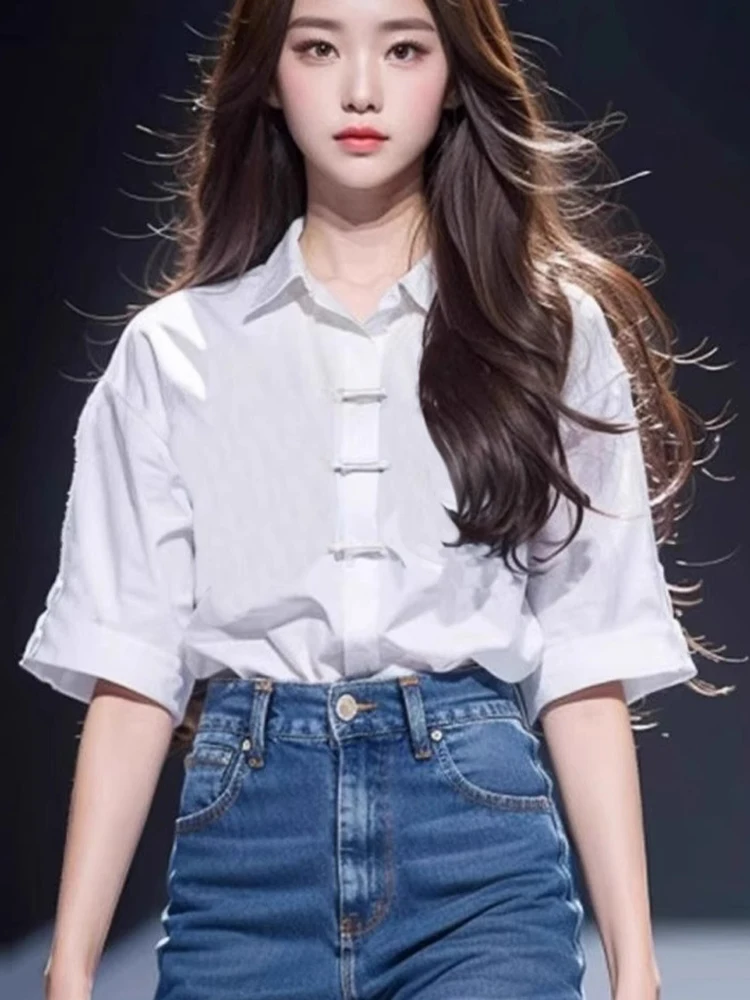 Neue chinesische Sle Kragen weiß IRT Damen Sommer lose ort Sve einzigartige Button-up Top koreanische Faion lose Passform