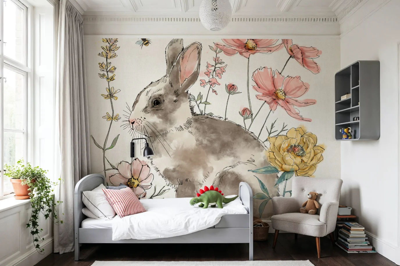 Customized wallpaper hand-painted flowers and plants cute rabbit mural children's room kindergarten animal decoration painting