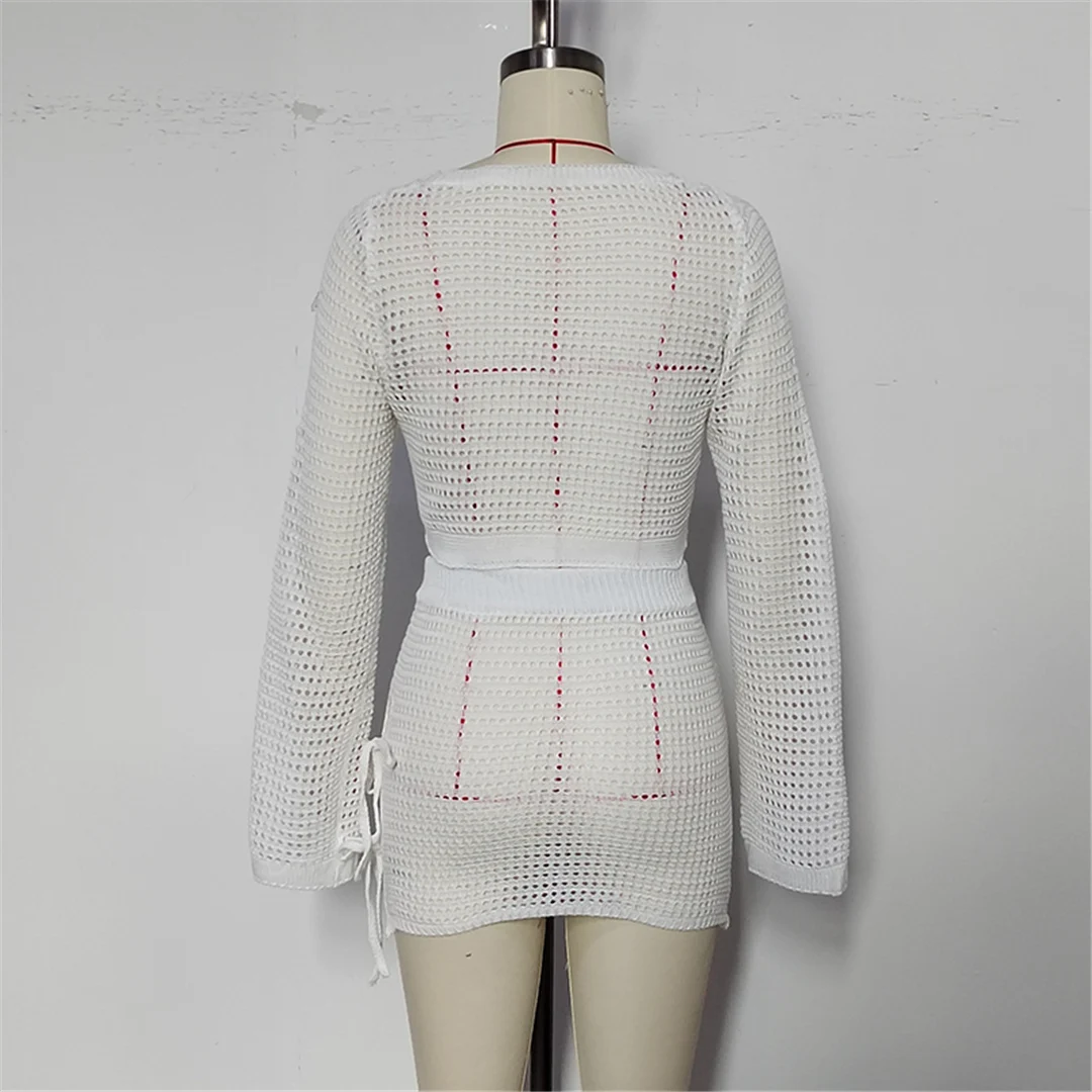 V-Ausschnitt, lange Ärmel, gehäkeltes Strickmuster, zweiteiliger Anzug, Strandkleid, Strandüberwurf, Strandmode, Damen, V6490 – Detail 16