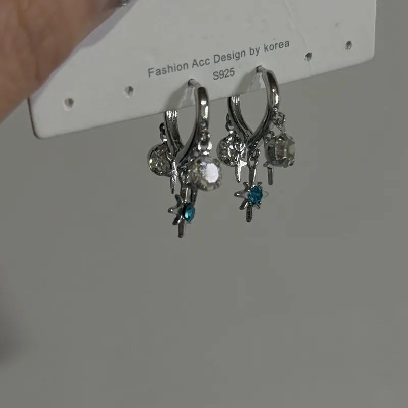 Y2K Blue Zircon Eight-Pointed Star Pendant Earrings for Women Silver Color Star Tassel Ear Buckle Minimalist Design Jewelry Gift