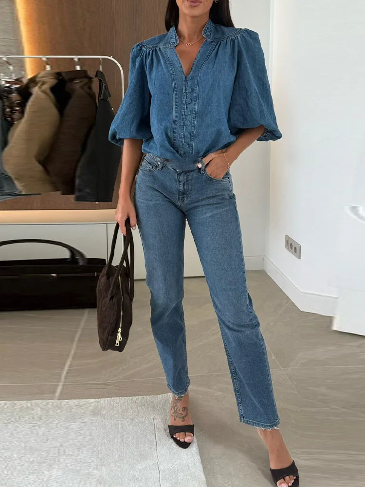 

Vintage Solid Denim Blouse Shirts for Women New Elegant V Neck Button Top Coat Autumn Lantern Sleeve Cowboy Shirt Blusa Harajuku