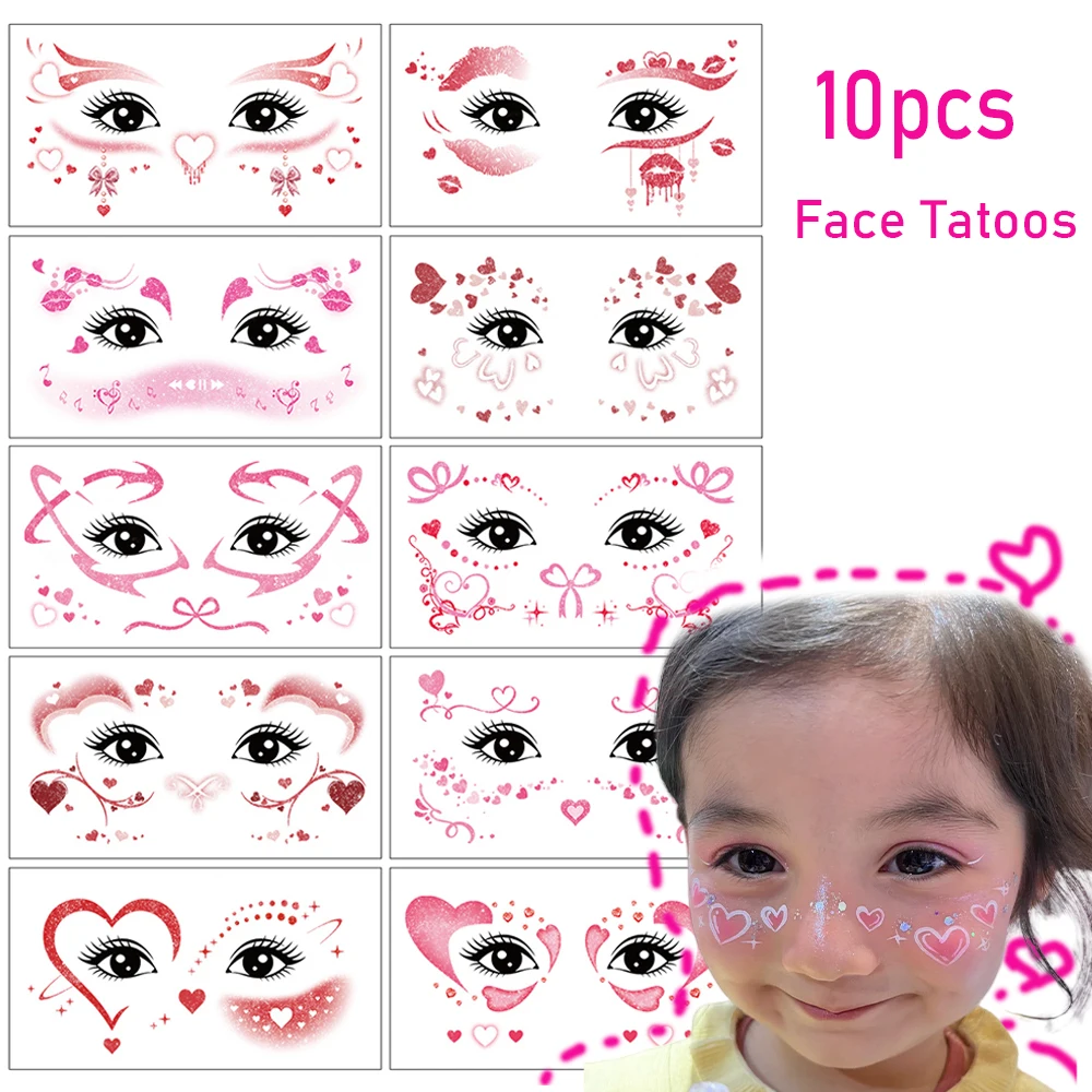 

10 шт., милые блестящие временные татуировки-наклейки для девочек, макияж для лица, розовое сердце любви, поддельные татуировки, наклейки для праздничных Дня святого Валентина, сделай сам