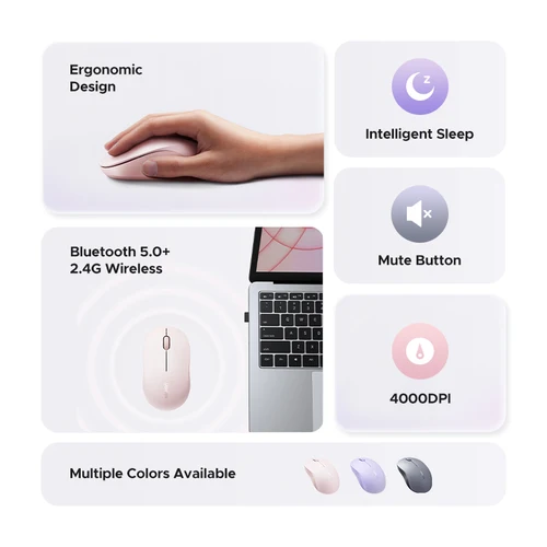 Imagen 2 del producto Ratón inalámbrico UGREEN 2,4G y Bluetooth modo Dual, 4000DPI 4 niveles ajustables, clic silencioso, ratón ergonómico portátil para ordenador portátil