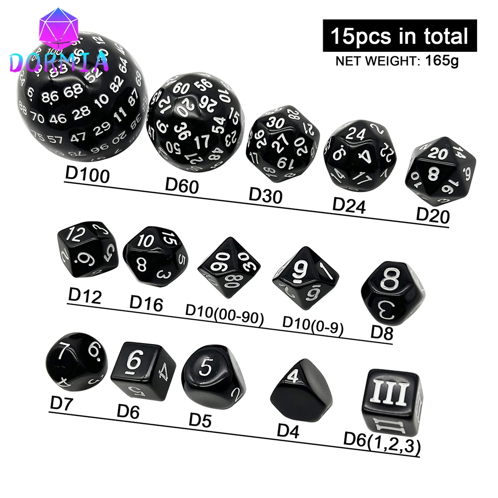 Opaque Effect Polyhedral Dice Set with Bag for Boardgame As Souvenirs/Gift Entertainment  15 Dice - D3-D100