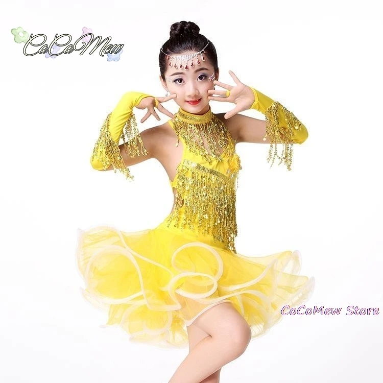 Children's Latin Dance Costumes Children's Latin Skirt Sequins Performing Competition Costume Girls Salsa Dancing Tassel Dress