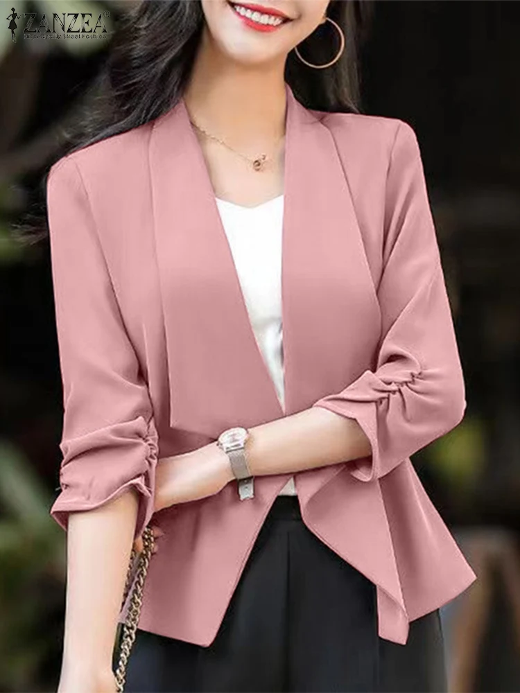 ZANZEA Women Lapel Collar Blazer Elegant Solid Color Office Cardigan Coat Fashion 3/4 Sleeve Irregular Commuting Thin Blazer