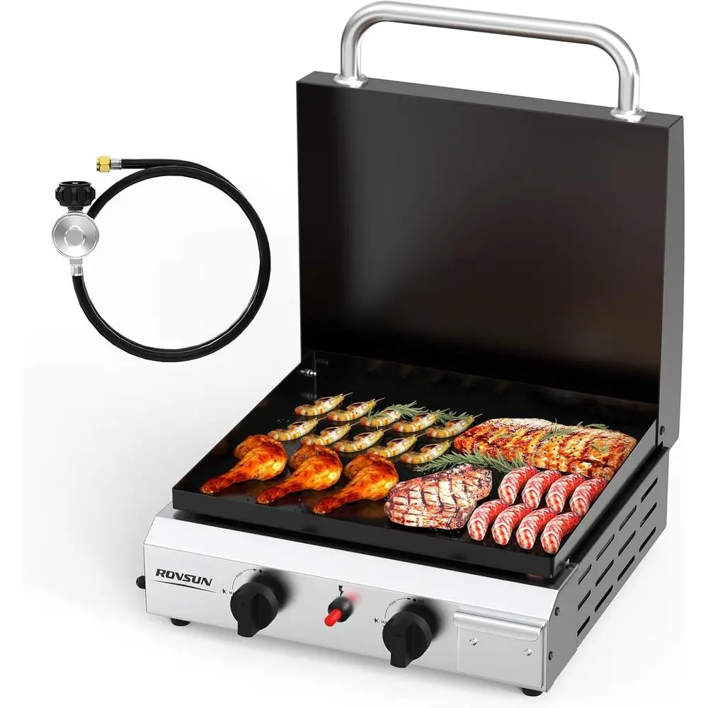 

2 Burner Portable Propane Griddle with Enameled Tray & Lid, 20,000 Tabletop lat Top Gas Grill with Eic Ignition & Regulator or O