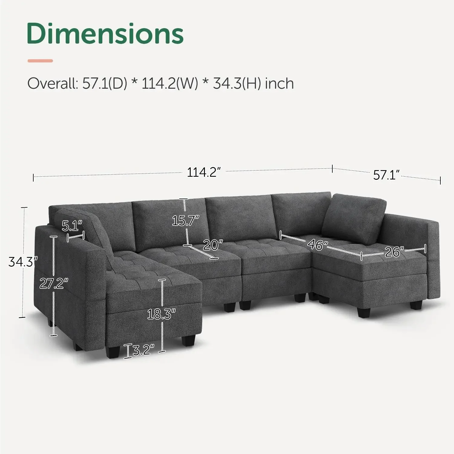 Modular U Shaped Couch with Storage Sectional Couch with Chaise 6 seater Sofa for Living Room Dark Grey