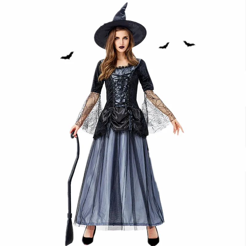 

New Halloween Adult Woman Cosplay Witch Costume Nightclub Party Lace screen yarn Temperament Blue Black Witch Dresses