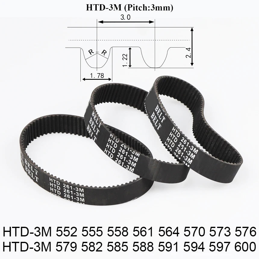 HTD-3M 3M 552 555 558 561 564 570 573 576 579 582 585 588 591 594 597 600 Rubber Cogged Curved ARC Teeth Synchronous Timing Belt