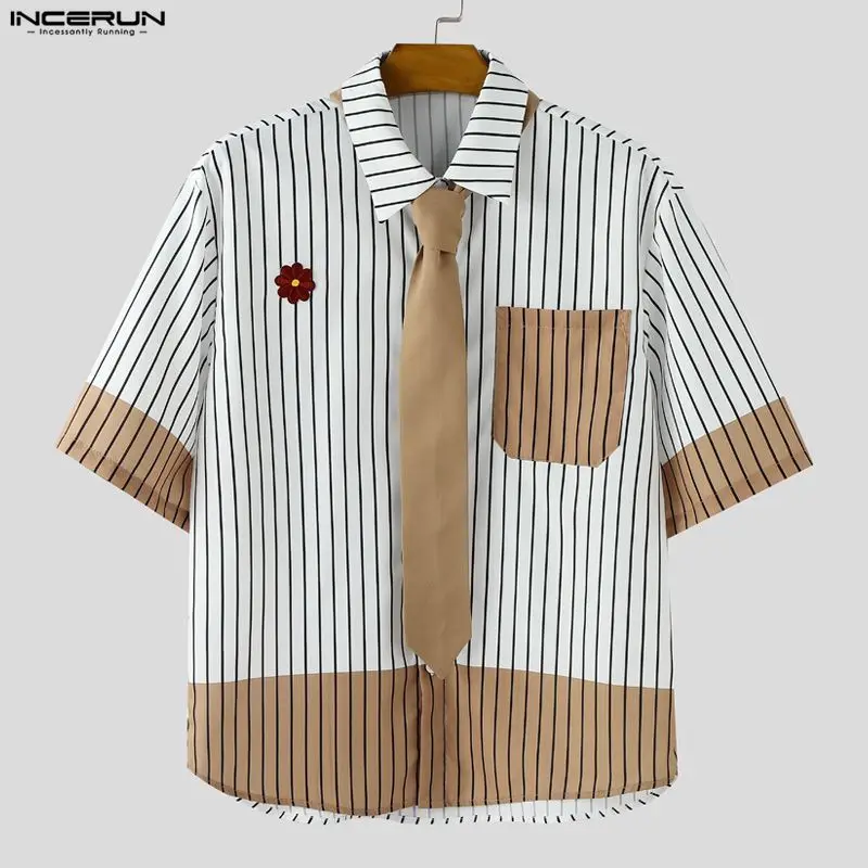 INCERUN الرجال قميص مخطط المرقعة التلبيب قصيرة الأكمام الرجال الملابس الشارع الشهير فضفاض الكورية نمط موضة قمصان الذكور عادية #4