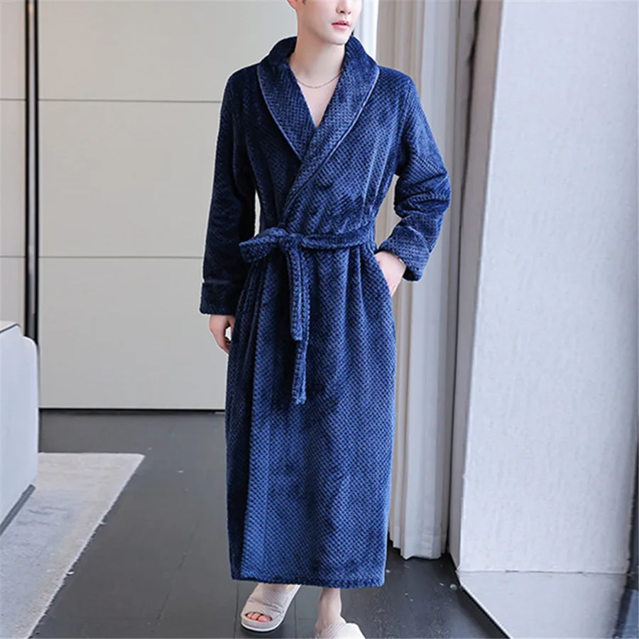 Autumn Winter Thicken Flannel Robes Warm Lace-up Bathrobe Men Fluffy Shower Robe Night Gown Male Sleepwear Long Housewear 3XL