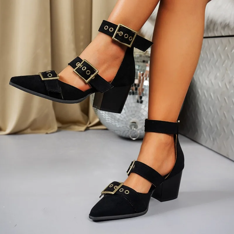 

Summer Single Shoes Women Fashion Pointy Shallow Mouth Cattle Suede Rivet Metal Buckle Non-slip Wear-resistant High Heels
