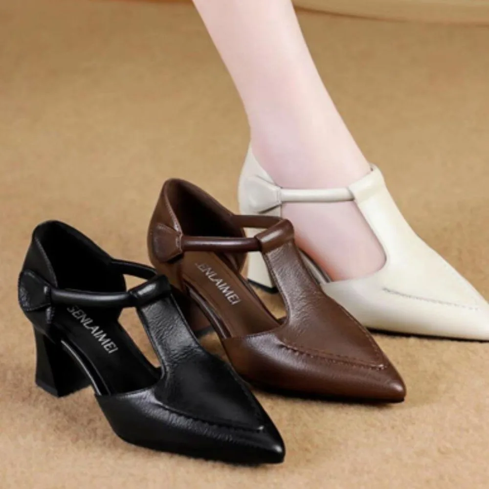 

New Women's High Heels Spring Summer Synthetic Leather Car Stitching Thick Heel Slip-On Shoes Comfortable Casual Style Sandals