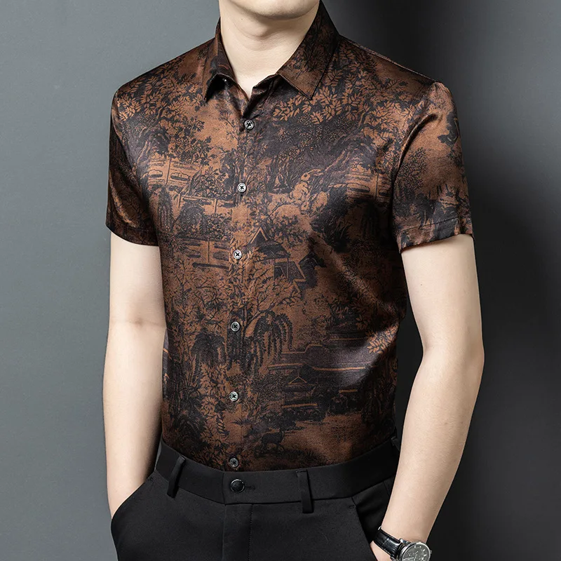 

High Quality Real Silk Men's New Short-Sleeved Shirt Youth Business Casual Thin Fashion Wear Men