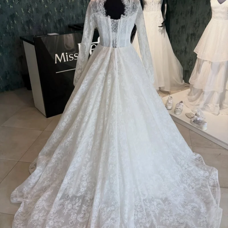 Simple Lace White Appliques Wedding Dresses Beadwork Decal Puff Skirt long tail A-line Tull Slit Made Wedding Dress Bridal Gown