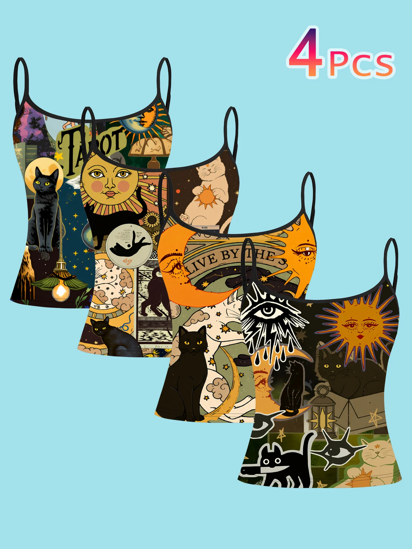 4-Piece Set of Vintage Tarot Black Cat Print Camisoles for Women, Mysterious Sun and Moon Celestial Body Witch Style Slim-Fit Spaghetti Strap Tops