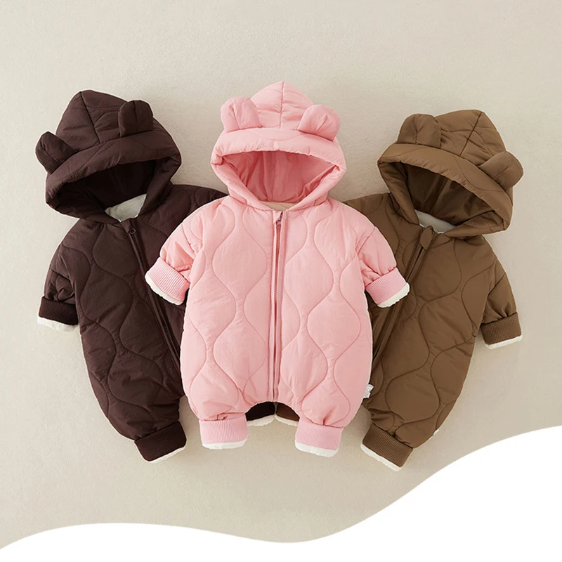 

MILANCEL Winter Baby Clothing Newborn Thick Warm Jumpsuit 0-2Y Boys Fleece Lining Romper Toddler Girls Cute Bear Hooded Outwear