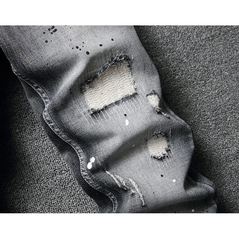 Street Fashion Men Jeans Retro Dark Gray Stretch Slim Fit Patched Ripped Jeans Men Painted Designer Hip Hop Vintage Denim Pants