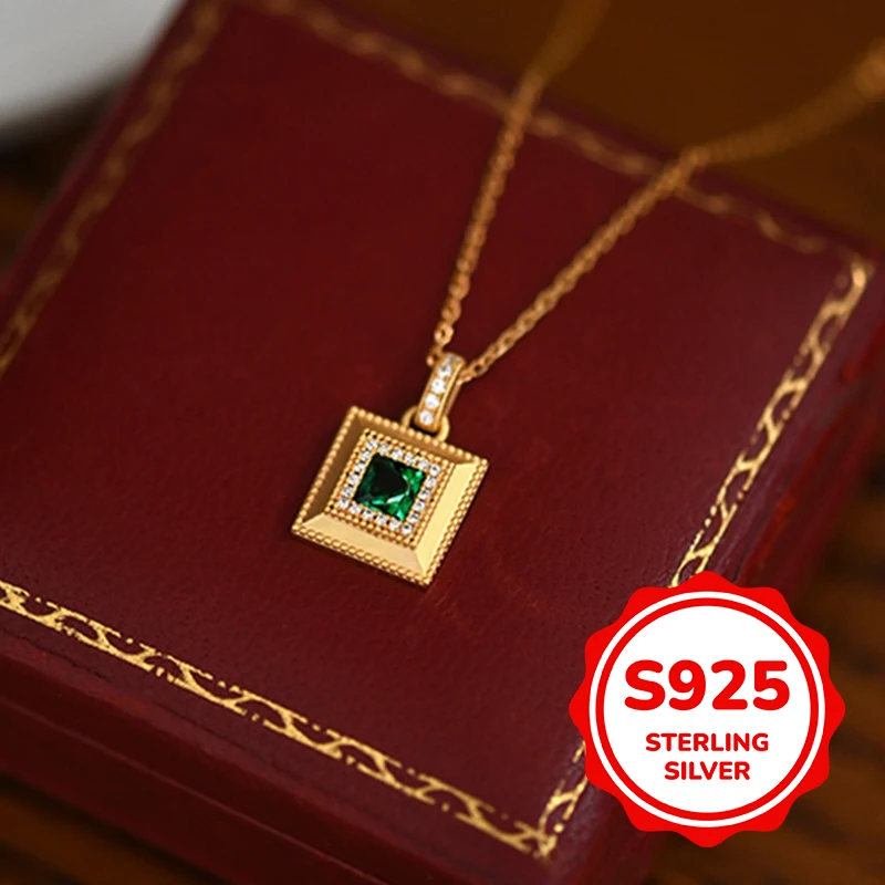 

S925 sterling silver geometric square imitation emerald necklace for women simple classic fashion light luxury elegant trendy