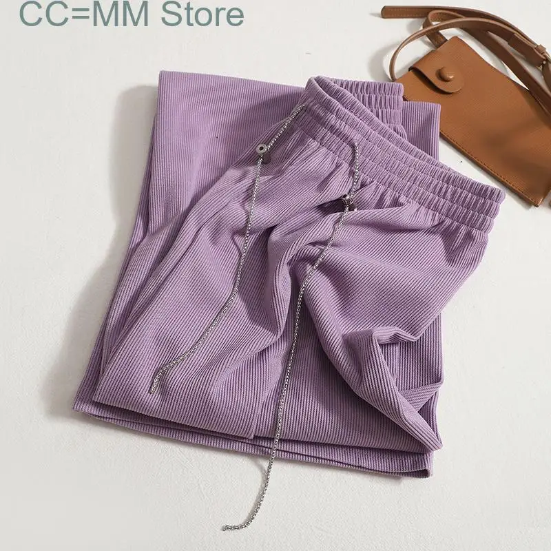 New Pants Women Purple Wide Leg Casual Straight Pants Spring Fashion Ladies Elastic Band High Waist Trousers