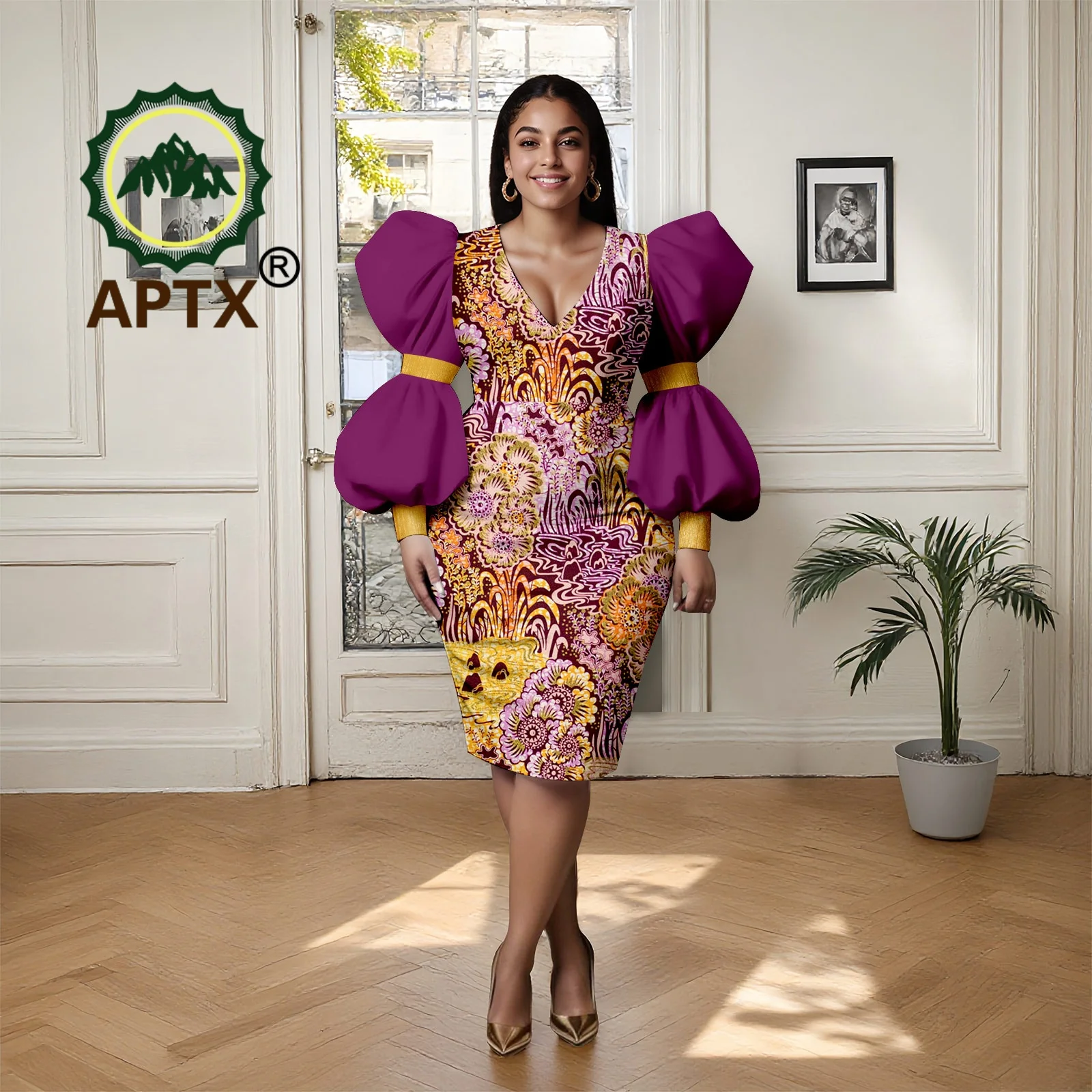 

Африканское женское платье длиной до колена с v-образным вырезом и пышными рукавами в стиле Анкара, лоскутное повседневное элегантное модное платье Dashiki