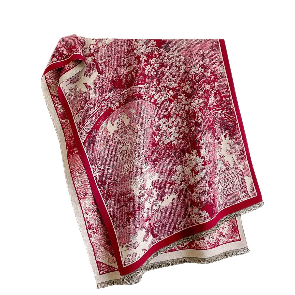 Vintage Manor Landscape Faux Cashmere Scarf Women Autumn Winter Jacquard Shawl European Architecture Forest Print Warm Neck Wrap