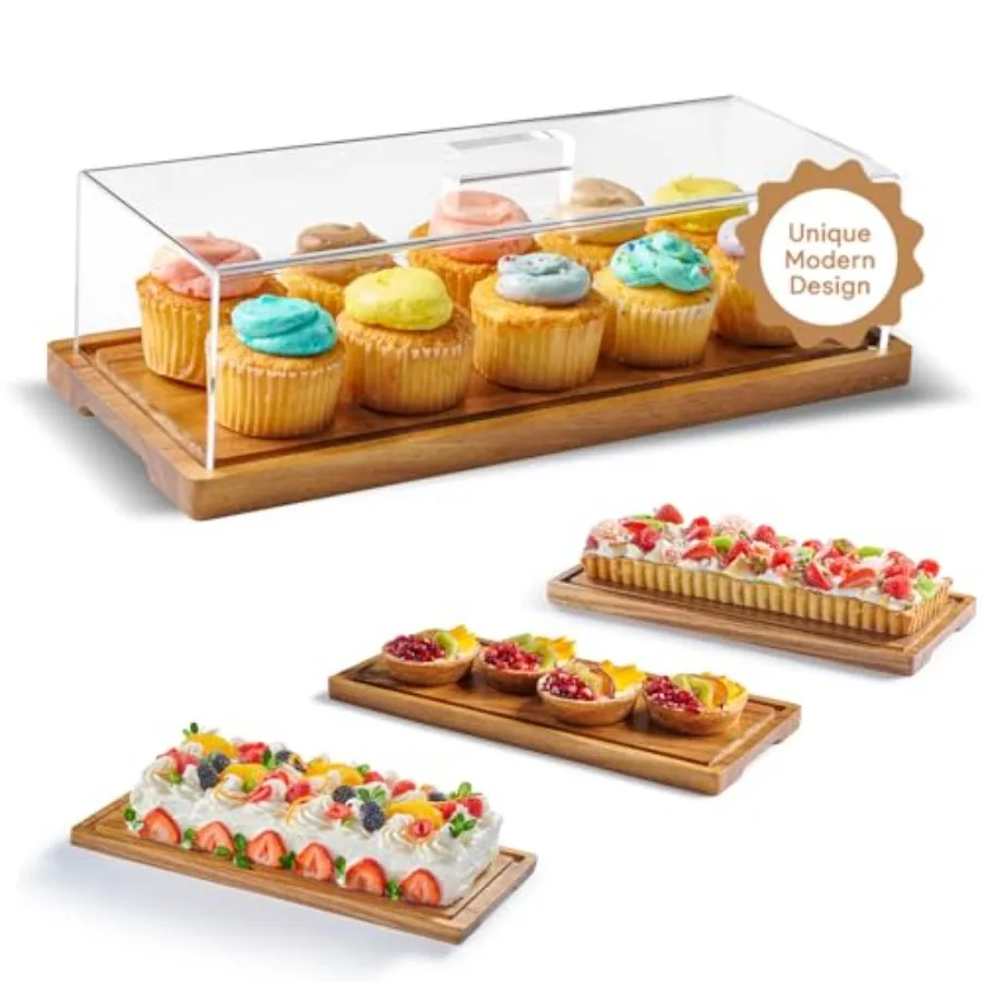 

Cake Display with Lid Acacia Wood Dessert Stand and Wooden Charcuterie Board with Lid for Loaf Cakes Bread Pastries Cheese Larg