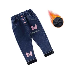 new Girls Jeans printing Cartoon elastic force Jeans Autumn Winter Plush thicken Jeans Kid Casual Style Children Clothing2-7Y