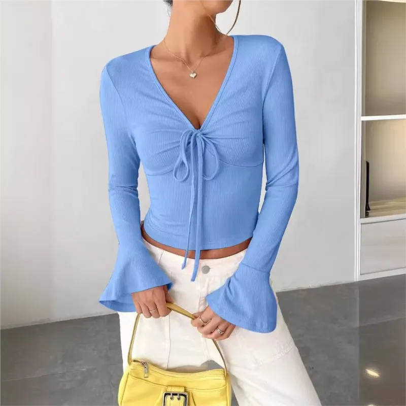 

Fashion Long Sleeve T-shirts Womens Tops V-neck Bandage Sexy Tees Slim Fit Autumn Winter Blouse Female Street Style Clothing Y2K