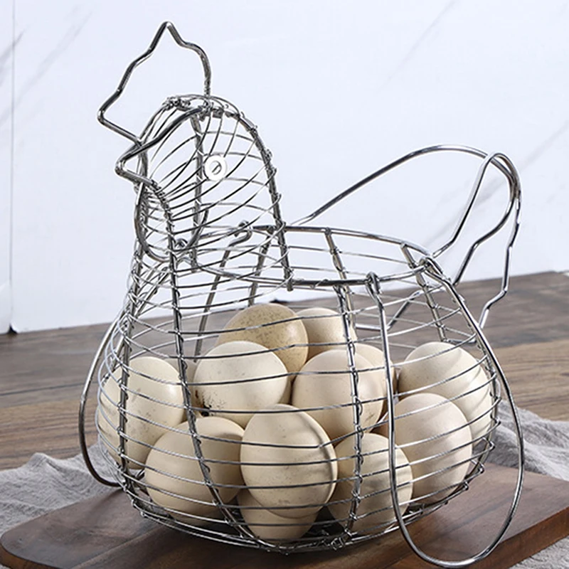 Chicken Hen Shaped Egg Storage Wire Basket Hollow Out Iron Art Egg Crate Kitchen Farmhouse Style Organizer