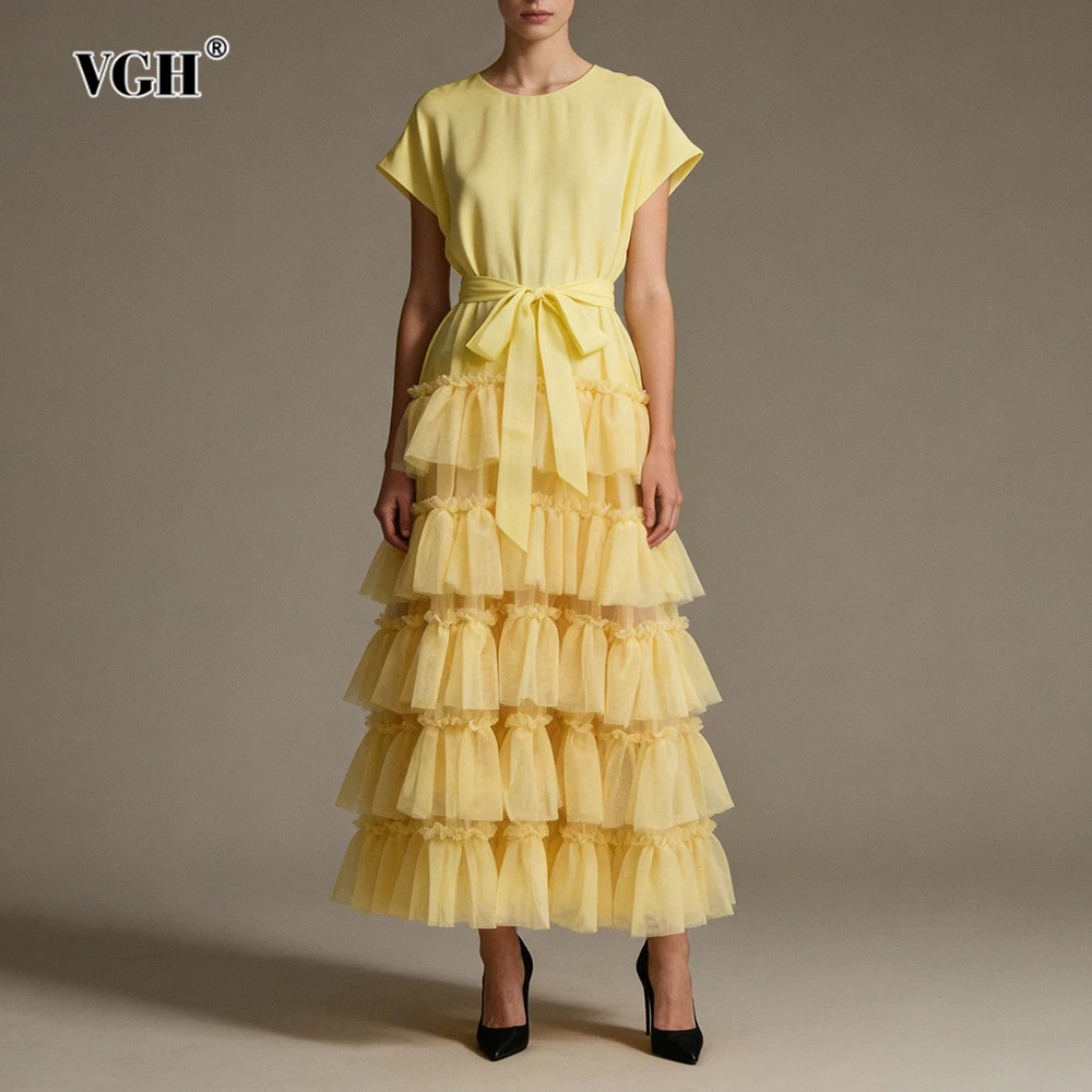 Vgh casual doce emendado em camadas malha bolo vestido para mulheres o pescoço sem mangas fino emendado rendas até vestidos puff feminino verão novo