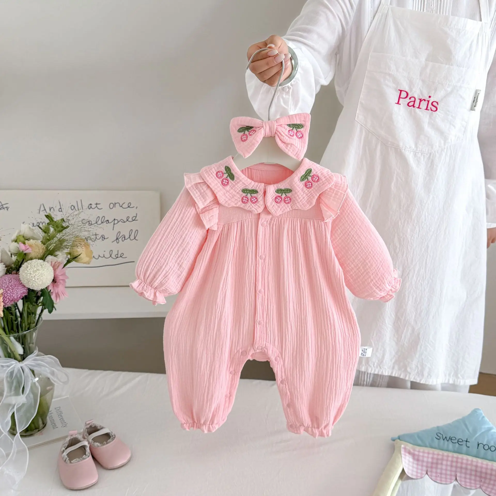 3-24M Autumn Sweet Style Infant Bodysuit Cherry Print Puff Sleeve Romper for Toddler Girls Cotton Baby One Piece Clothing
