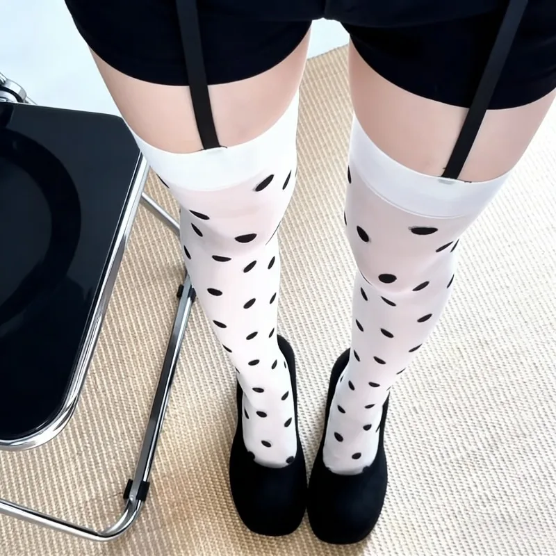 

Japanese Style Sweet Lolita Polka Dots Thigh High Stockings White Thin Slightly Sheer Suspender Stockings Women's Overknee Socks