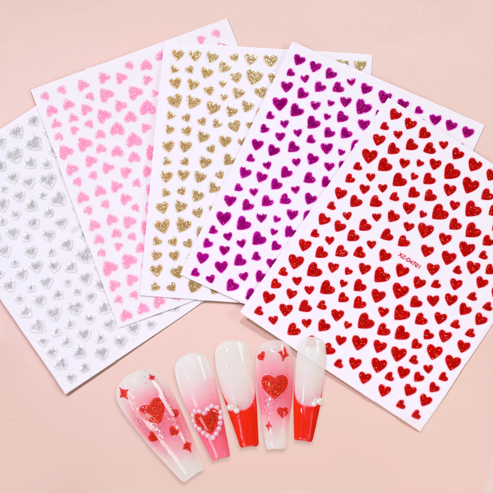 สติกเกอร์ติดเล็บรูปหัวใจโฮโลแกรม 3 มิติ สำหรับวันวาเลนไทน์ 5 ชิ้น ประกายวิบวับ ติดเองได้ ตกแต่งเล็บสุดโรแมนติก